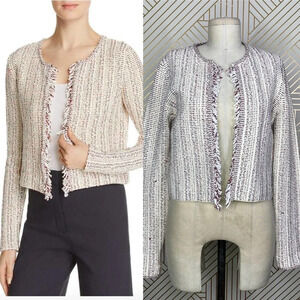 Theory Galinne Speckle Boucle‎ Knit Fringe Sweater Jacket Cream Red Size Small